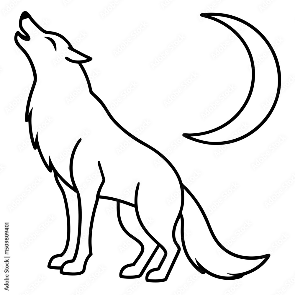Obraz premium Wolf howling at moon line art vector illustration