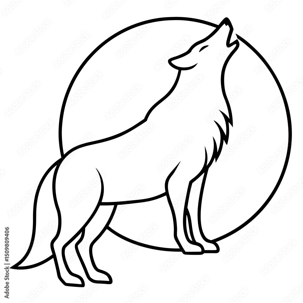Obraz premium Wolf howling at moon line art vector illustration