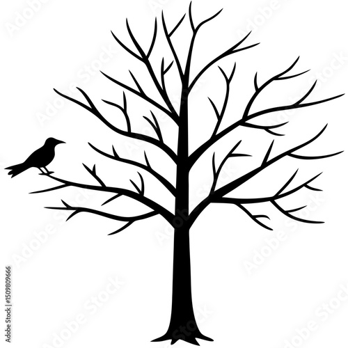 Barren tree with crow line art vector illustration