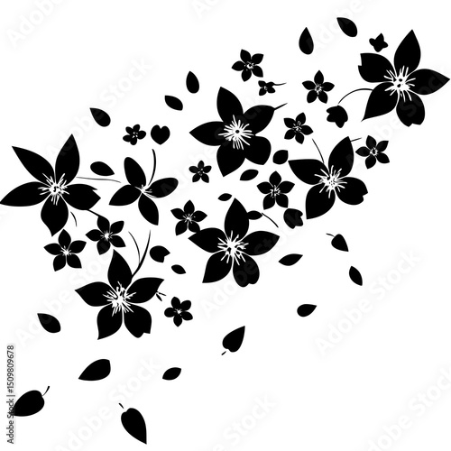 Cherry blossom petals flying line art vector illustration