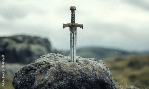 Sword stuck in a rock like in the Excalibur legend , the mythical sword of king Arthur