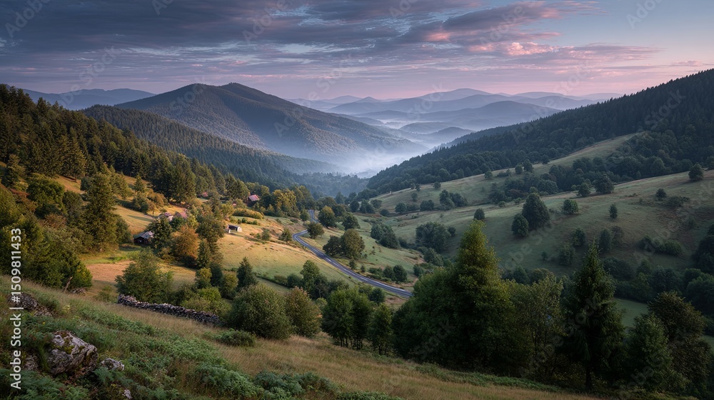 Fototapeta premium Serene mountain landscape at sunrise with warm atmospheric light and tranquil scenery in early morning nature