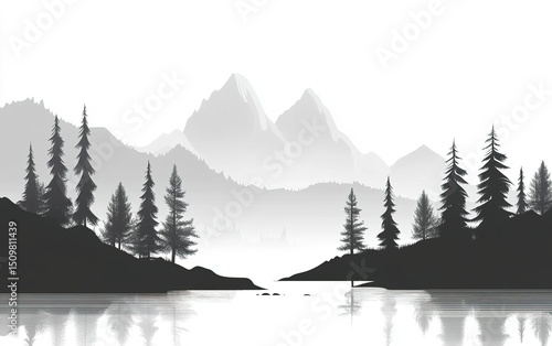 Serene monochrome mountain lake landscape