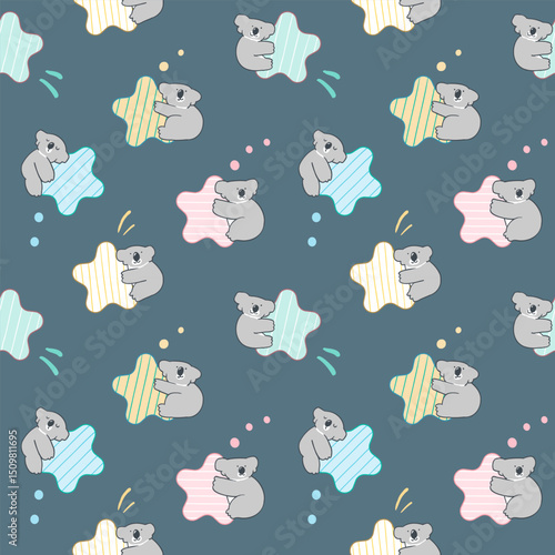 Seamless Pattern with Cartoon Koala Bear and Star Design on Dark Blue Background. Hand Drawn Vector Illustration.
