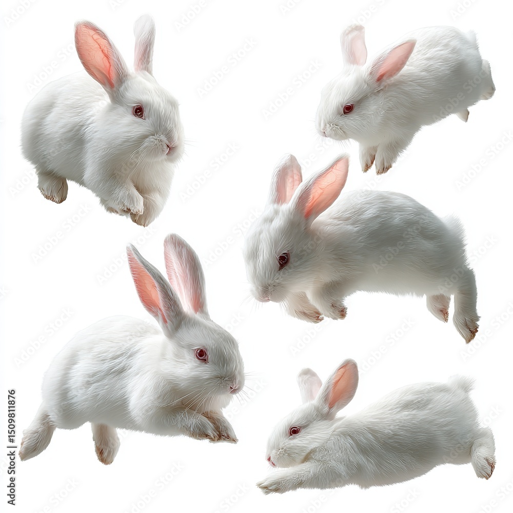 Fototapeta premium White rabbits isolated on white background cute bunnies pets animals easter rabbit furry small adorable farm 999