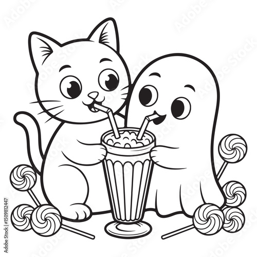 Friendly Ghost and Cute Cat Sharing a Halloween Milkshake – Adorable Spooky Coloring Page