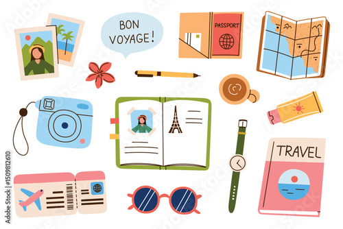 Set about travel journal and trip memories, flat cartoon notebook with photos, passport, plane ticket, travel book, map, sunglasses. Vector illustrations for travel blogs, postcards, books and posters