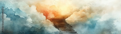 A mystical staircase ascends through colorful clouds toward a glowing, ethereal light in the sky.