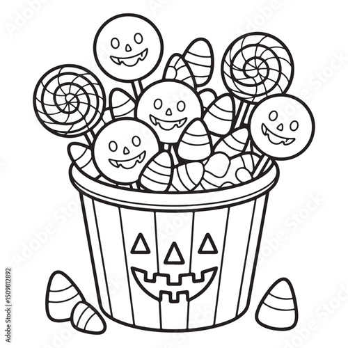 Kawaii Halloween Candy Bucket with Smiling Treats – Fun Trick-or-Treat Coloring Page for Kids