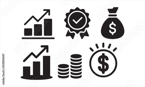 Business Finance Icons – Growth, Dollar, Coins, Reward, Money Bag Symbols