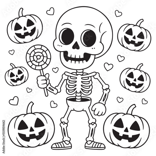 Cute Skeleton Boy Holding Lollipop Surrounded by Jack-o'-Lanterns – Halloween Coloring Page