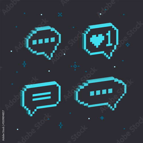 Set of 3d pixel speech bubbles. Isometric 8 bit chat messages. 3d bubble talk signs. Volumetric mosaic message boxes