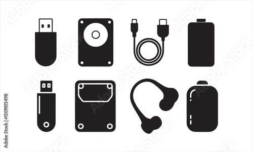 Set of Electronic Device Icons – USB, Hard Drive, Cable, Earphones, Storage Gadgets .