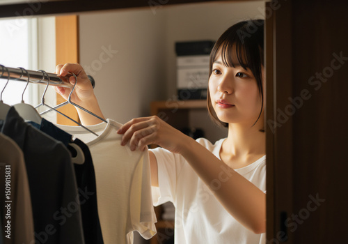 衣替えをする若い女性の日常シーン