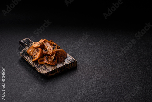 Food, baked mushrooms champignon slices with sauce and spices