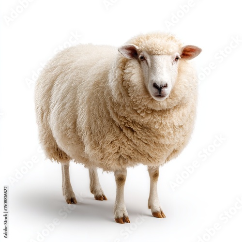 Isolated sheep picture: fluffy farm animal livestock wooly sheep standing on white background stock photo image