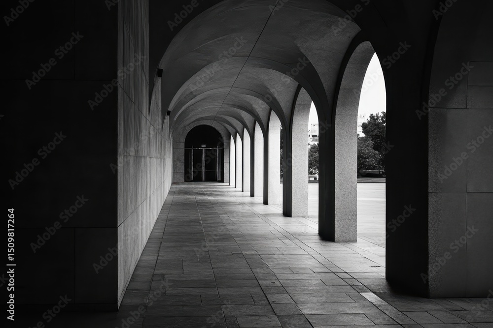 Obraz premium Archway perspective showcasing empty corridor and architectural design in black and white tones, Empty archway