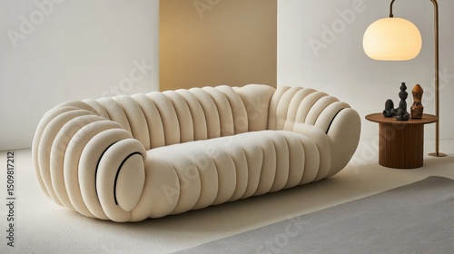 Cream-colored sofa with sculpted, ribbed upholstery.