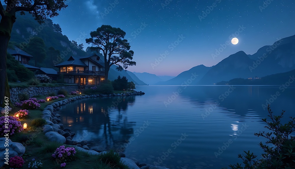 Fototapeta premium Serene Night Landscape with Mountain Lake and Illuminated Cottage Under Full Moon