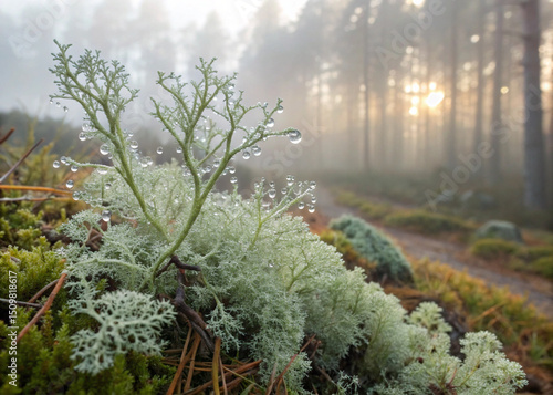 Valokuva Dewy Reindeer Moss in Misty Forest