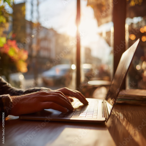 Close-up of male hands typing on laptop in cozy cafe with warm sunlight streaming through large windows.
