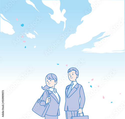 青空の下のスーツ姿の男女のイラスト