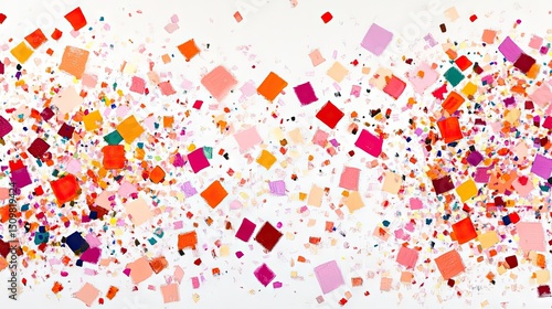 Colorful square shapes scattered across a white background.