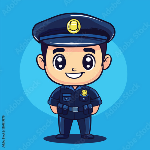 Cheerful Cartoon Police Officer with Large Eyes and Uniform