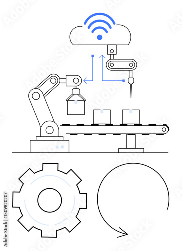 Robot arm sorting packages on conveyor, cloud symbol with arrows, gear, cycle icon. Ideal for automation, IoT, manufacturing, productivity industry 4.0 engineering simple landing page