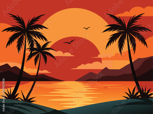 Tropical Island Sunset with Palm Trees and Mountains Vector Illustration