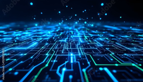 Wallpaper Mural Futuristic digital grid with glowing blue and green circuit lines, floating data particles, and a dark background with neon highlights. Torontodigital.ca