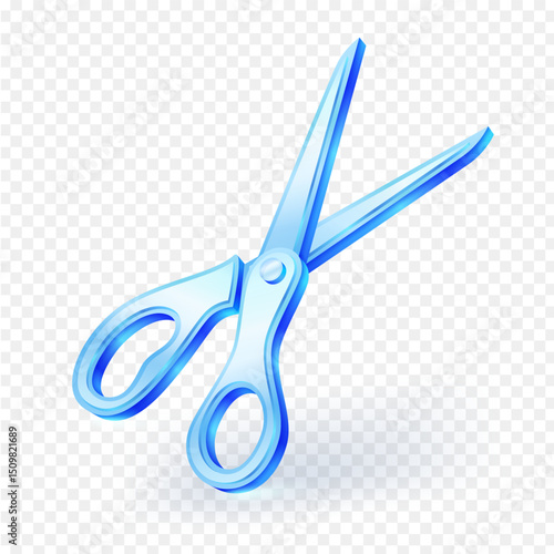 Realistic blue glass scissors vector illustration isolated on transparent background. Perfect for graphic design, web icons, and educational materials.