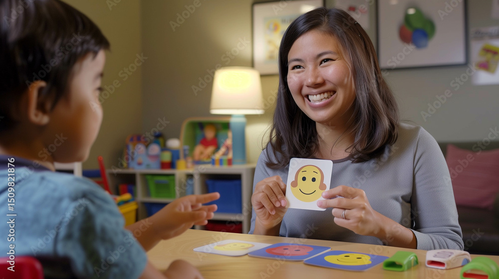 Fototapeta premium Smiling therapist using emotion flashcards to engage young child during developmental session