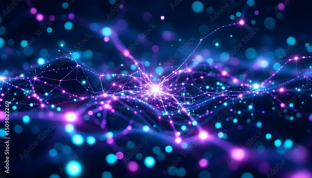 Fototapeta premium Abstract AI neural network visualization with interconnected glowing lines and pulsating data points.