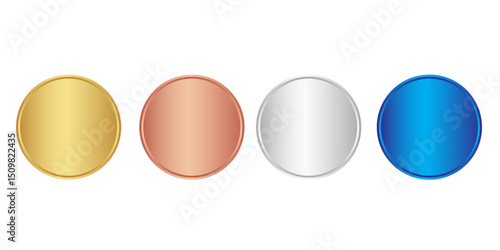 Award golden, silver and bronze blank medals 3d vector realistic illustration. First, second and third place medals or buttons isolated on white background. Quality blank, empty badge, 