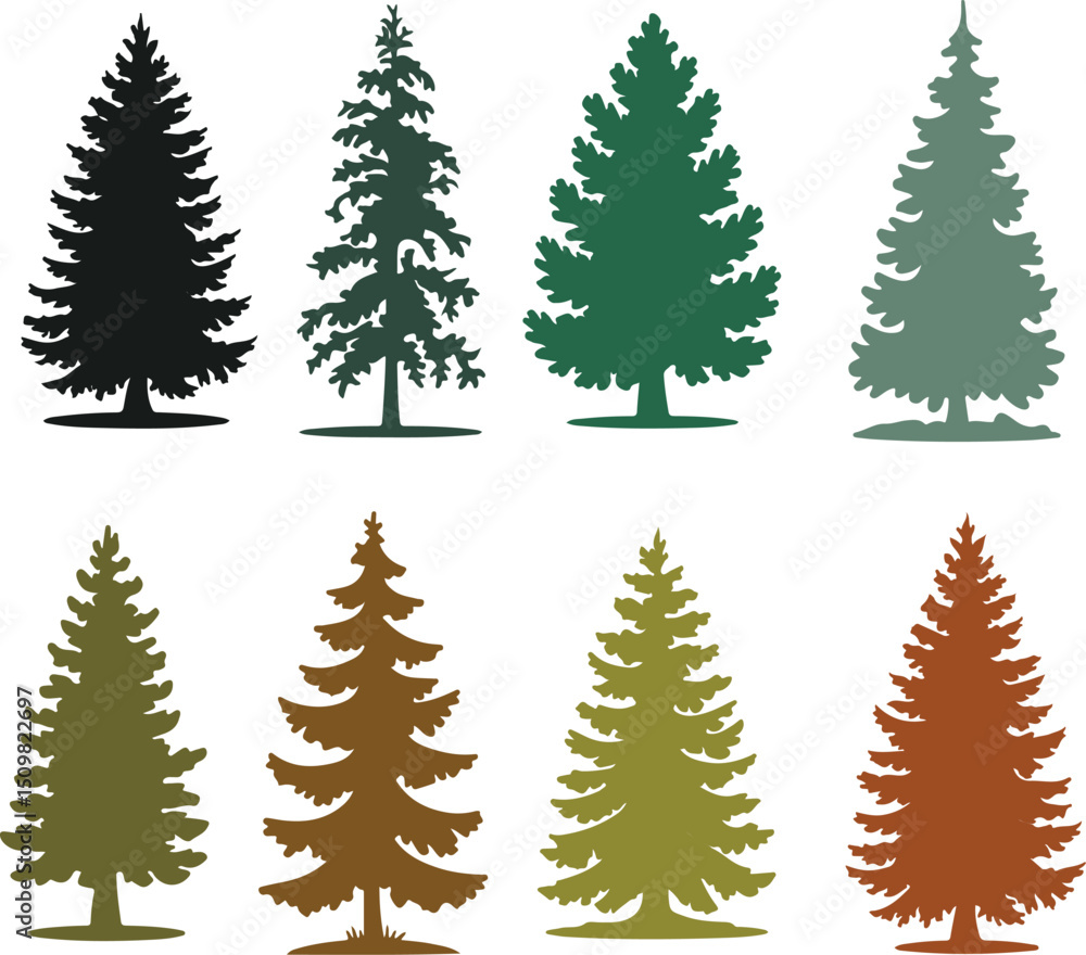 Obraz premium Pine And Fir Tree Silhouettes Collection In Different Colors.