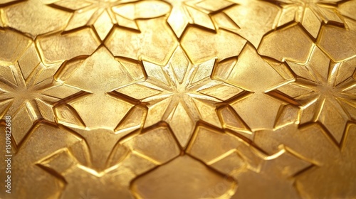Intricate golden geometric patterns in relief.