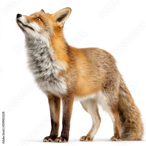 Red fox looking up isolated on white background wildlife animal canine vulpes vulpes mammal predator nature