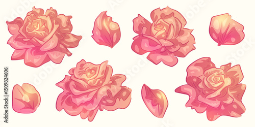 Set of hand drawn pink roses and petals isolated on white background. Hand drown cartoon flowers. Cute floral clipart. Vector illustration