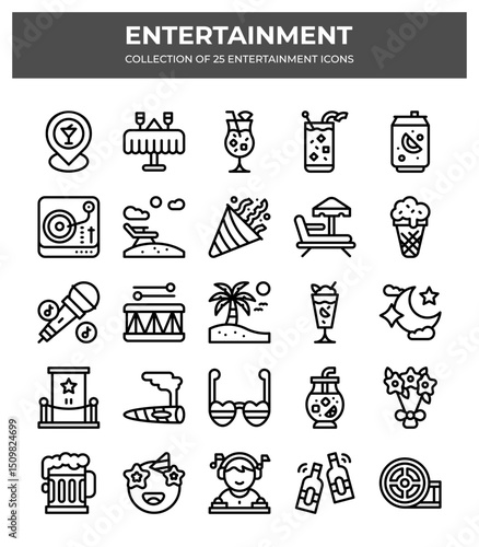 Collection of 25 Entertainment Icons. Party. Summer. and Vacation