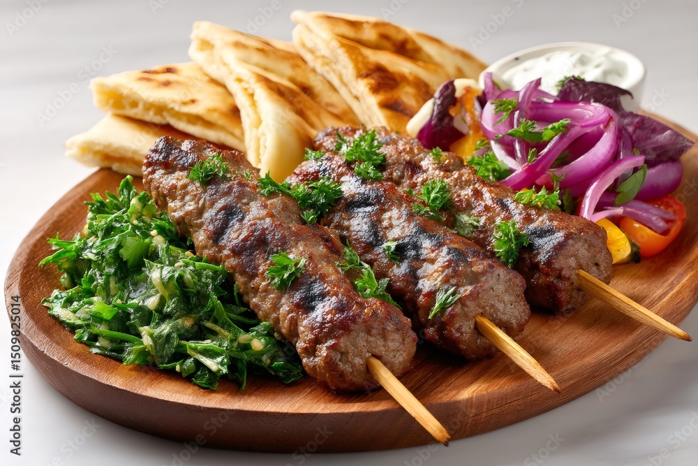 Juicy lula kebab with pita, vegetables and tzatziki sauce lying on wooden plate Juicy lula kebab with pita, vegetables and tzatziki sauce lying on wooden plate