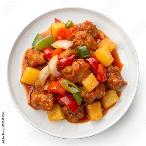 Chinese Crispy Pork in a Sweet-Tangy Glaze in a white bowl top view