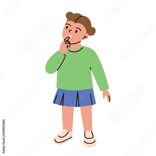 Vector illustration of thoughtful girl thinking with curious expression. Flat cartoon child with confusion, hesitation, cute puzzled schoolgirl for childrens books, posters, educational materials