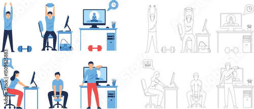 Office workers exercising at desk with fitness equipment, stretching and lifting weights during work breaks, healthy workplace wellness concept