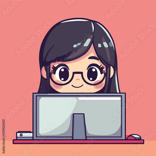 Cheerful Girl with Glasses Focused on Computer Screen