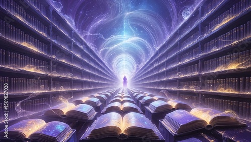 Akashic Records with mystical library and glowing books in cosmic atmosphere