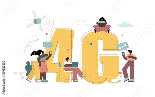 Concept high speed internet. 4G.People  with smartphone, laptop, tablet and phone at cityscape telecommunication tower.eps