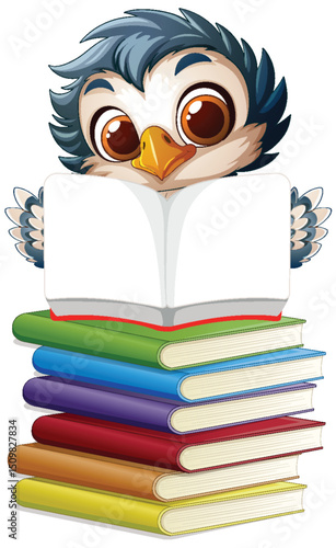 Owl Reading on Colorful Book Stack