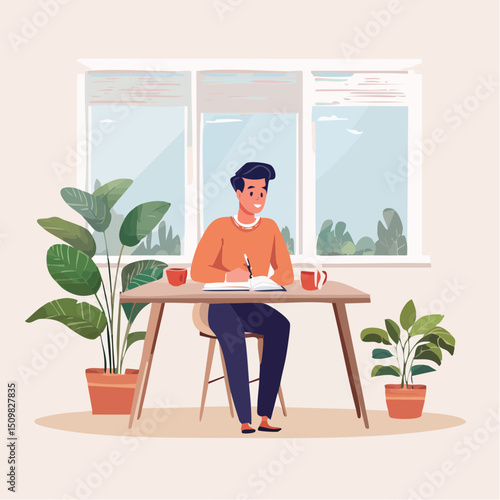 Focused Man Writing at Home Office Desk by Window