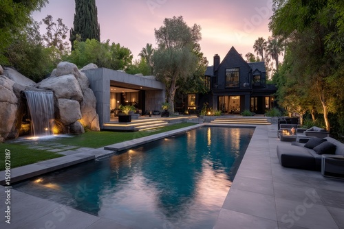 Luxury Beverly Hills backyard oasis with waterfall pool, concrete lounge area, and Victorian house under pink dusk sky